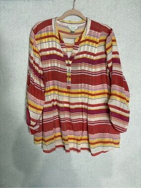 CJ Banks Multicolor Striped Henley Tunic - Rust, Yellow, Pink, Cream 2X